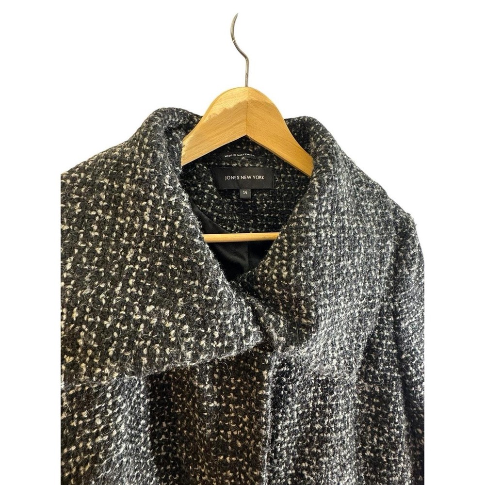 Jones New York Plaid Wool Blend Tweed Coat Black White Size 14 Portrait Collar
